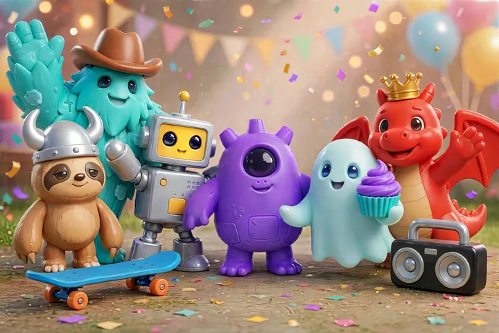 The Hence monsters celebrating: yeti, sloth, robot, cyclops, ghost and dragon