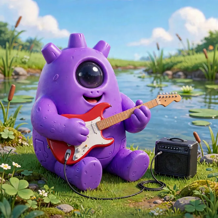 The cyclops playing a red electric guitar by a pond