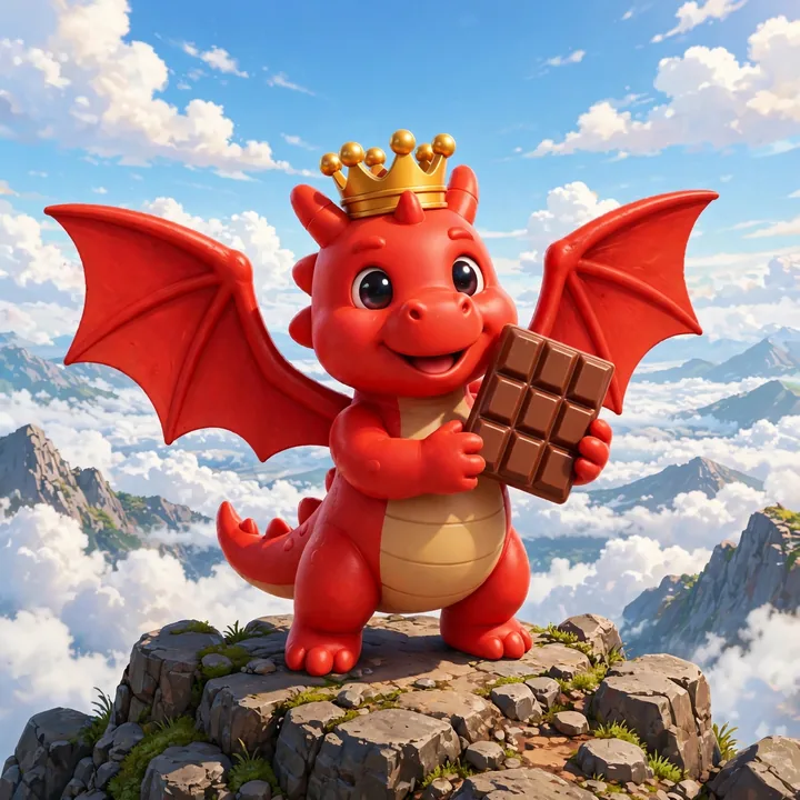 The dragon in a gold crown, holding a chocolate bar on a mountain peak