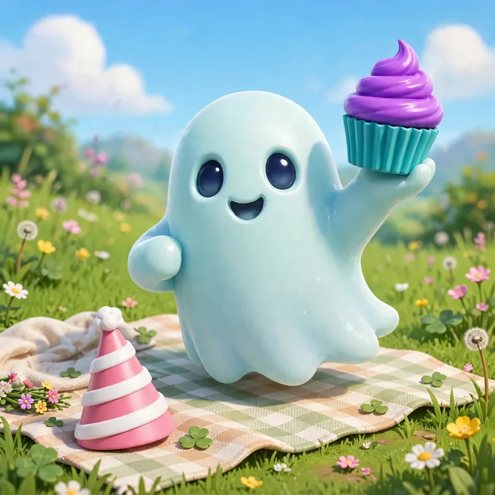 The ghost holding a cupcake at a picnic in a meadow