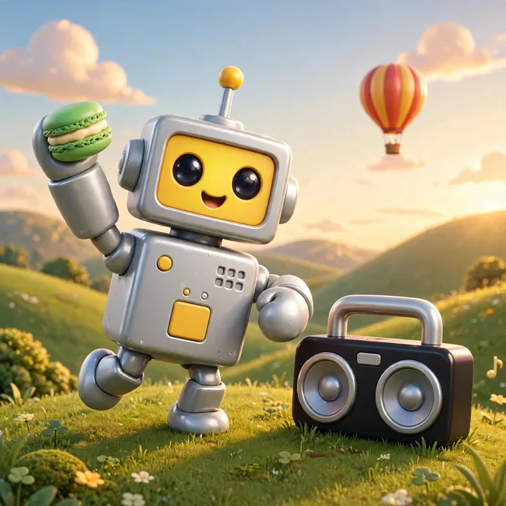 The robot holding a macaron beside a boombox on a grassy hill