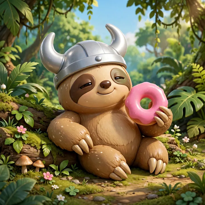 The sloth in a viking helmet, holding a pink donut in the jungle