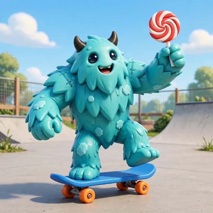 The yeti on a skateboard, holding a lollipop at a skate park